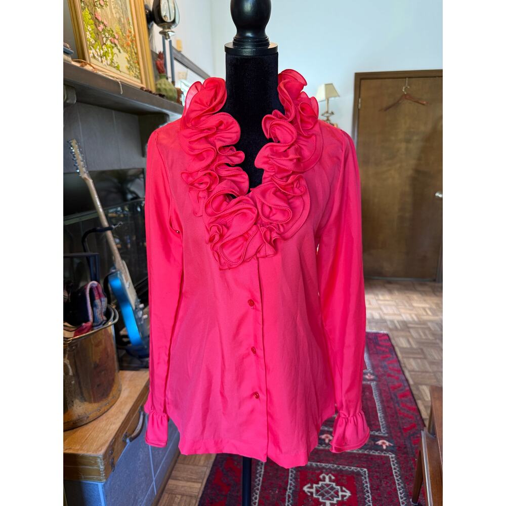 1970s Miss H H. Hochberg and Co Inc Disco Red Ruffle Neck Blouse